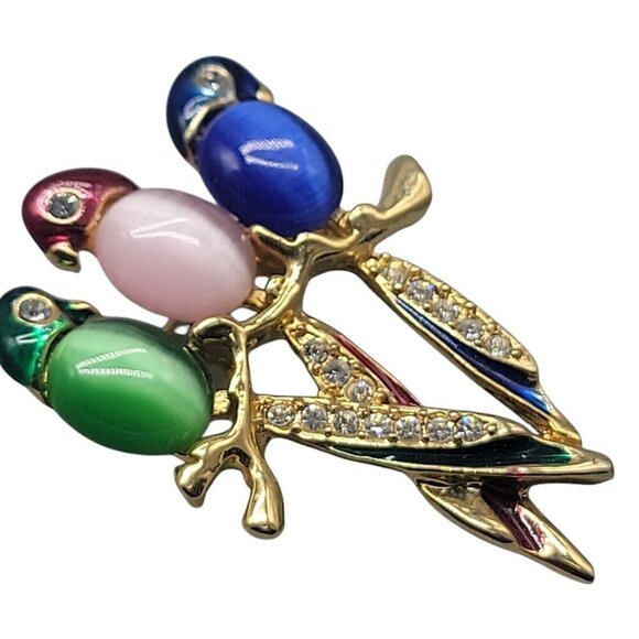 Australian Crystal Parrot Brooch Trio of Birds on Perch Multicolor Jelly Belly - Picture 4 of 8